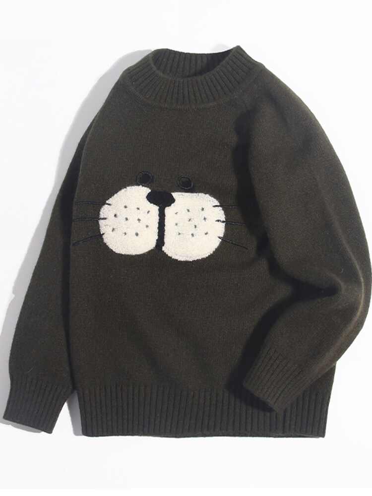 Kids Cute Whiskered Animal Face Olive Green Cashmere Sweater